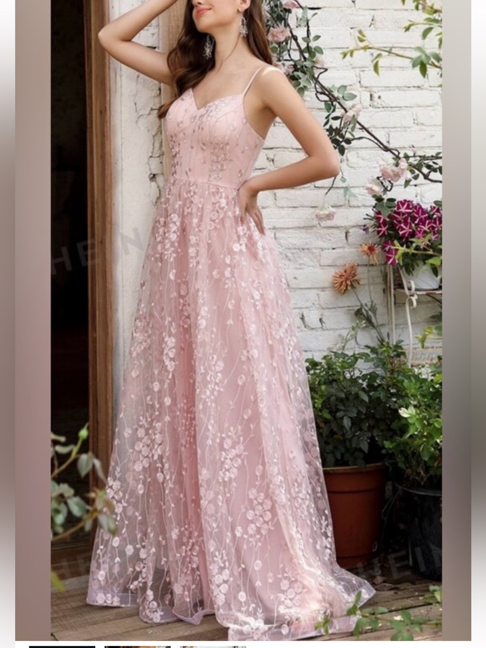 SHEIN Spaghetti Strap Pink Mesh Floral Embroidered Maxi Dress New